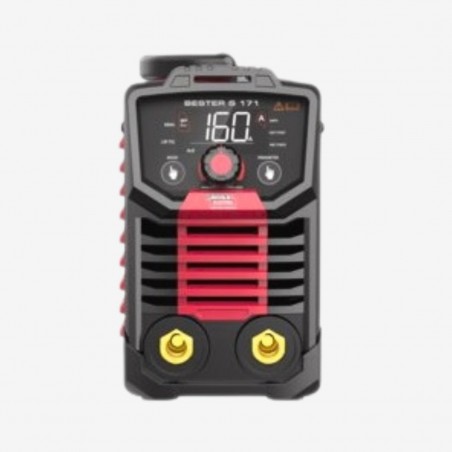 Detalle del panel de control del Bester S171: display LED, perilla de regulación y conectores frontales de salida